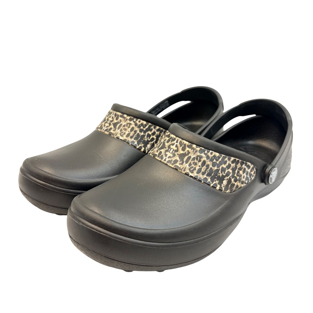 Crocs Mercy Work Clogs Black Leopard Print Slip Resistant Womens size 7